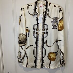 Vtg NWT Mondi Women's 36 Button Down Graphic Gorpcore Print Silk Poland 80s